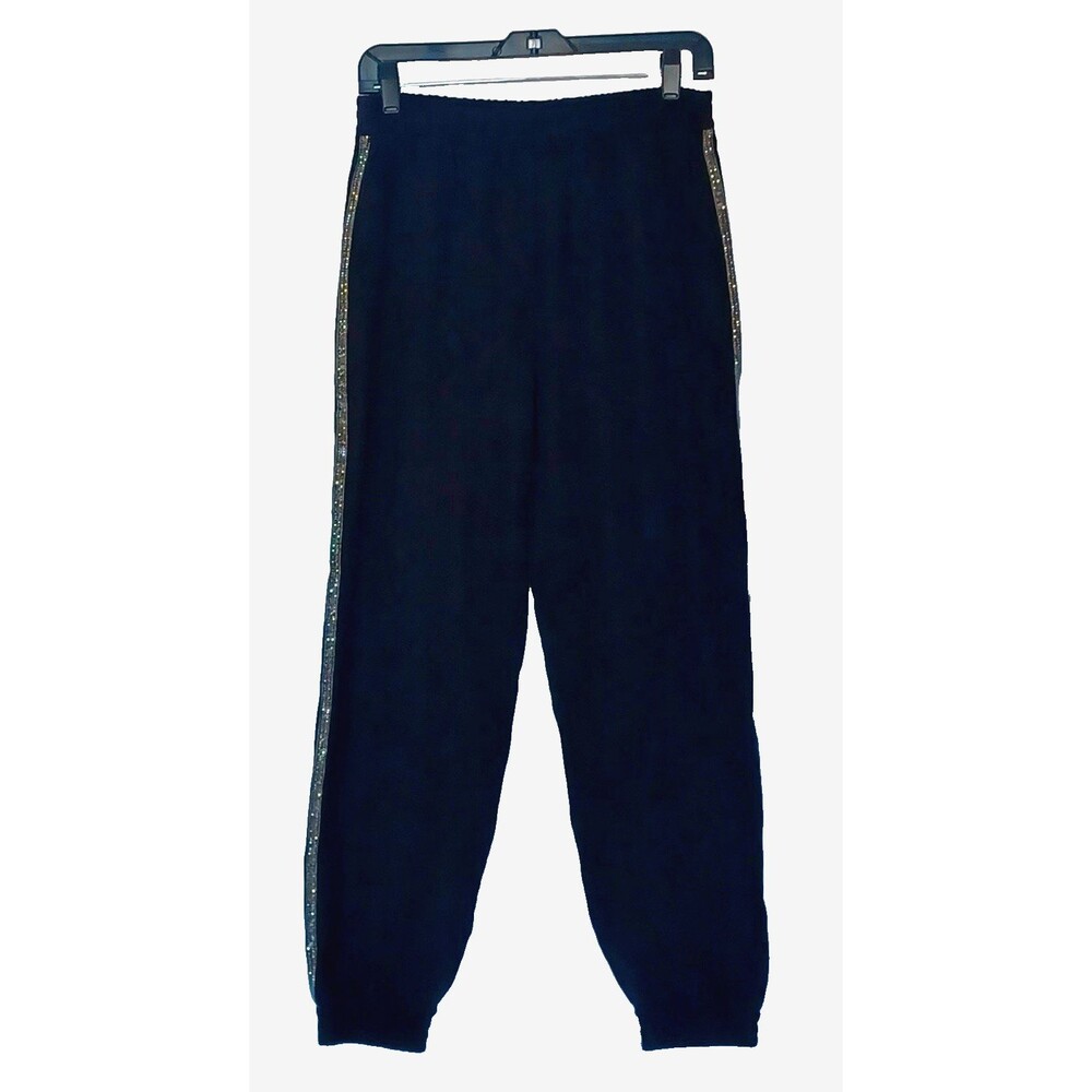 ZARA Women’s S Black Jogger Pants Rhinestone Side Stripe Pull-On Elastic Waist